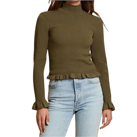 NATION LTD Yael Smocked High Ruffle Neck Top Ozark Green Pima Cotton Cutout Back - Picture 2 of 16